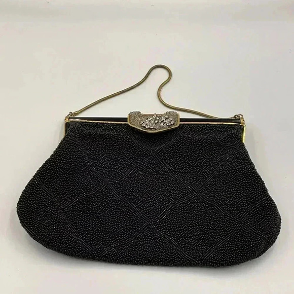 Walborg Handbags - Vintage Walborg  Black Beaded Purse/Clutch with Jeweled Clasp